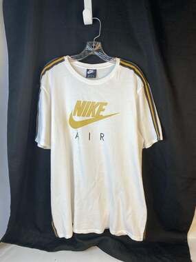 Nike Air Men's T-Shirt with Metallic Gold Logo and Racing Stripe Sleeve White